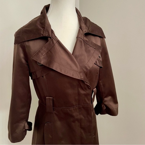 Bebe Vintage Y2K Brown Satin Trench Coat Double Breasted Size Extra Small - Picture 5 of 11